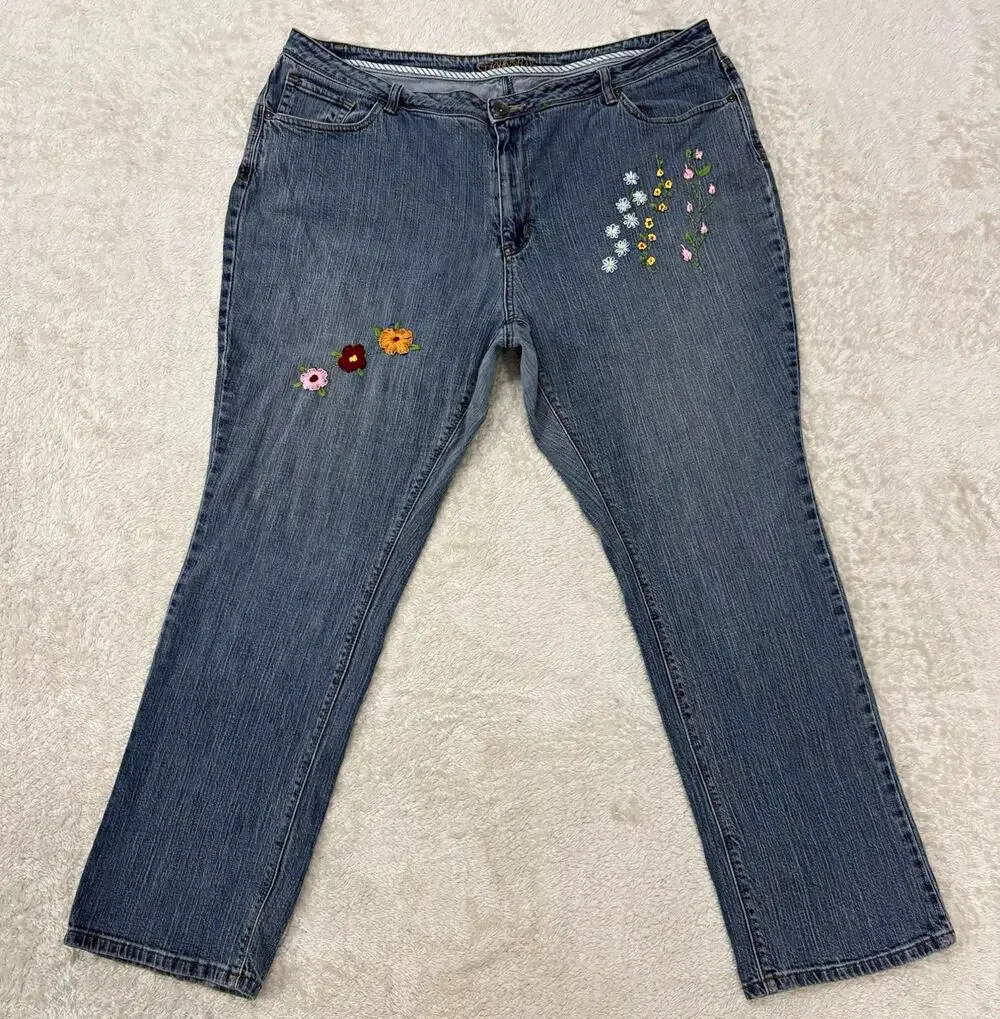 St Johns Bay Floral Embroidered Jeans 24W Cottagecore Boho Denim